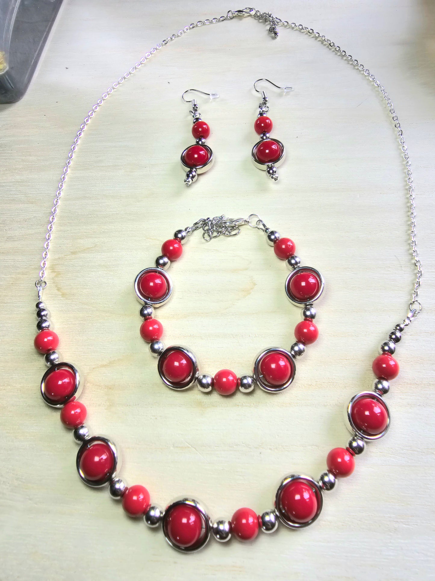 Silver Ringed Beaded Jewellery Set - Matching Necklace, Bracelet and Earrings bundle