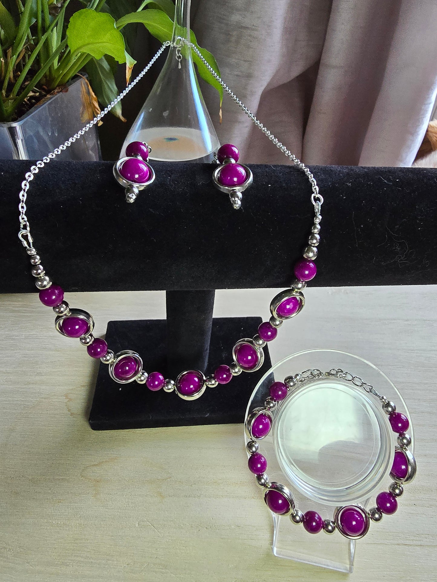 Silver Ringed Beaded Jewellery Set - Matching Necklace, Bracelet and Earrings bundle