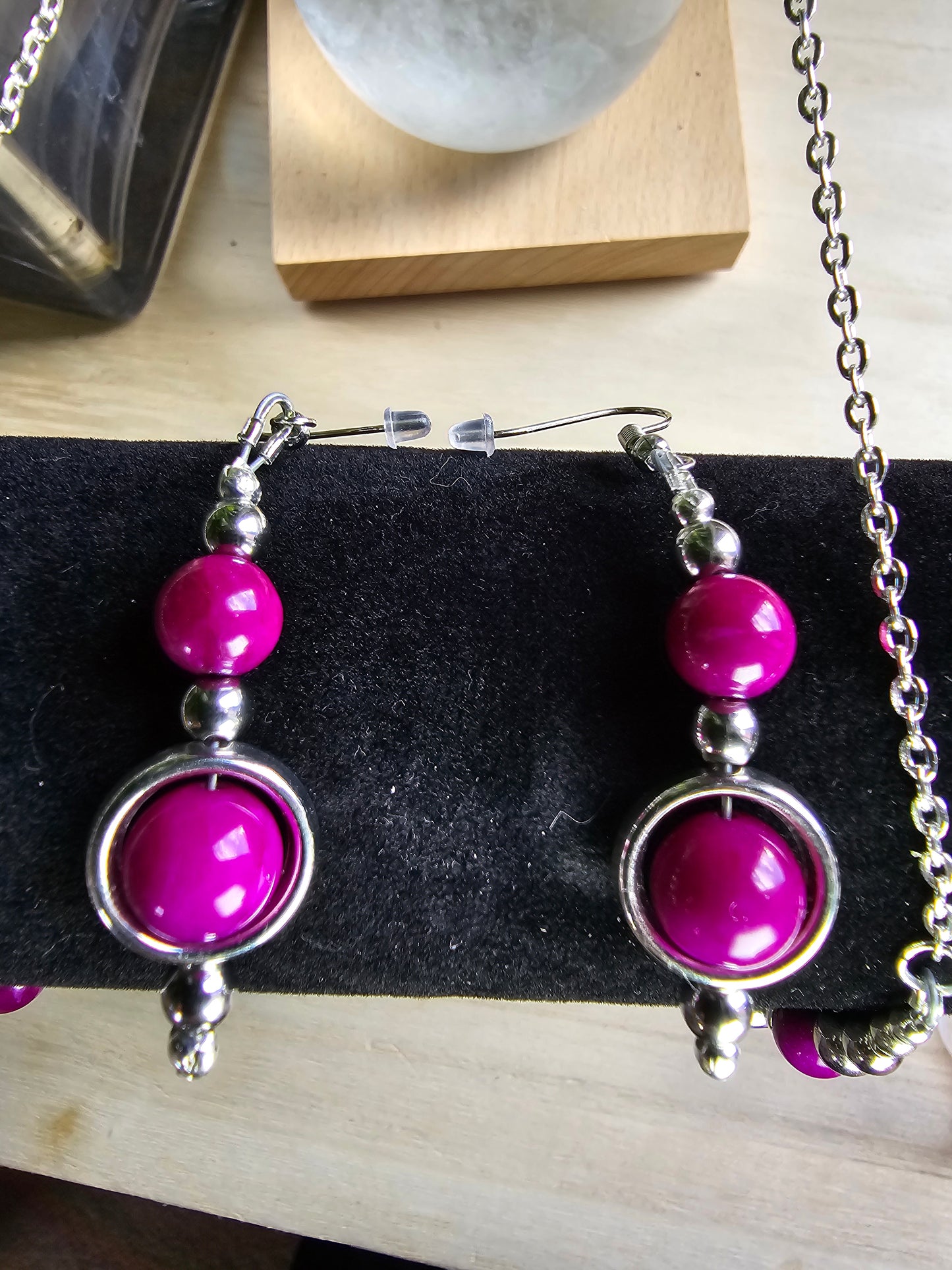 Silver Ringed Beaded Jewellery Set - Matching Necklace, Bracelet and Earrings bundle