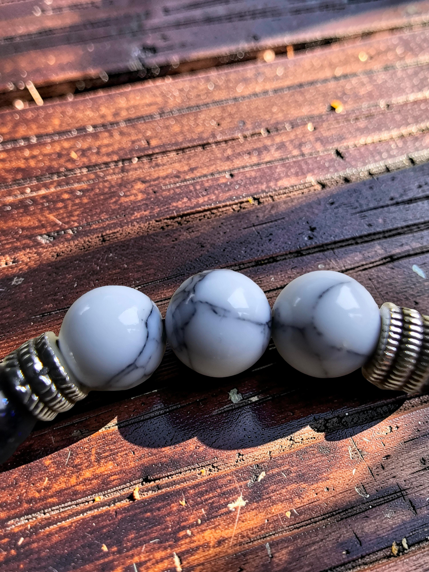 Midnight Blue Beaded Bracelet - Handmade Blue and White Marble Effect Beaded elasticated Band