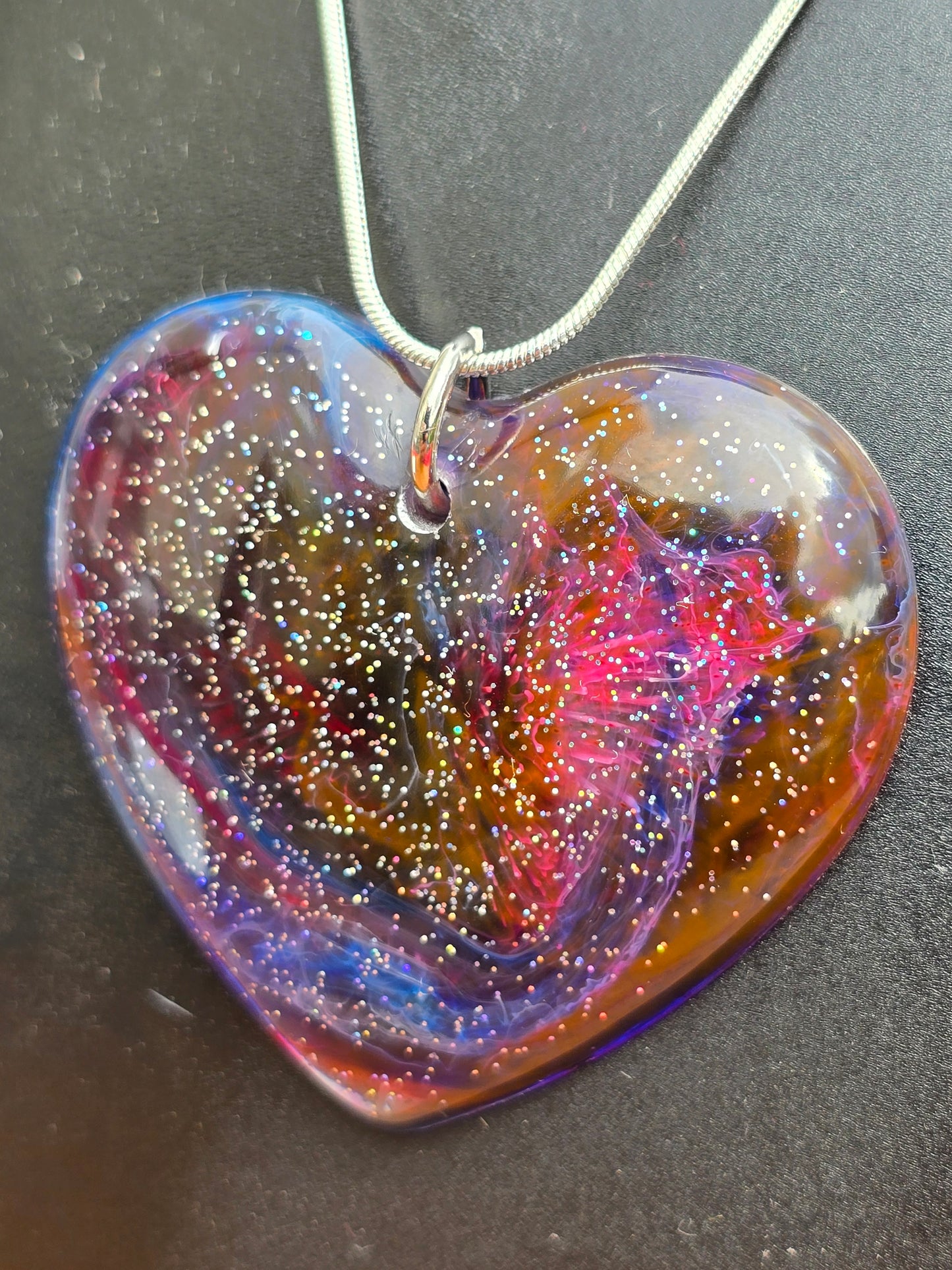 Cosmic Heart Shaped Resin Necklace - Stary effect heart pendant with 45cm snake chain