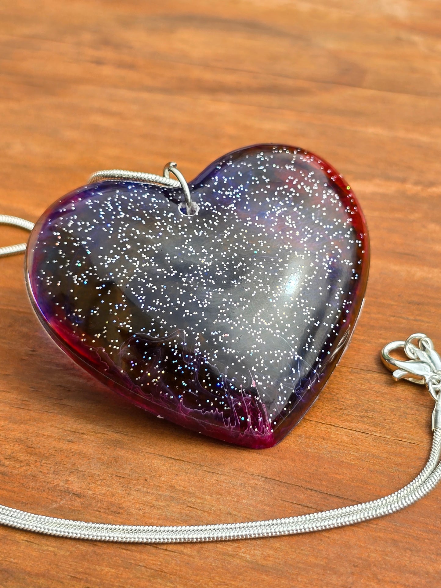 Cosmic Heart Shaped Resin Necklace - Stary effect heart pendant with 45cm snake chain