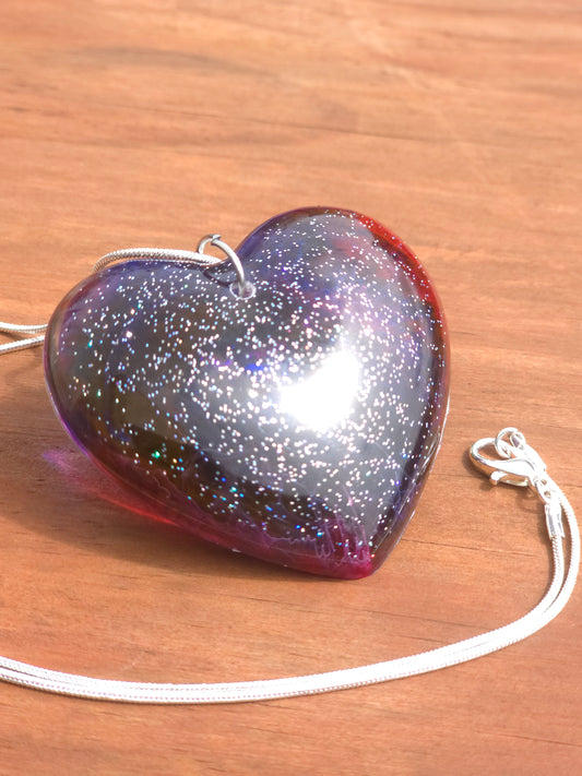 Cosmic Heart Shaped Resin Necklace - Stary effect heart pendant with 45cm snake chain