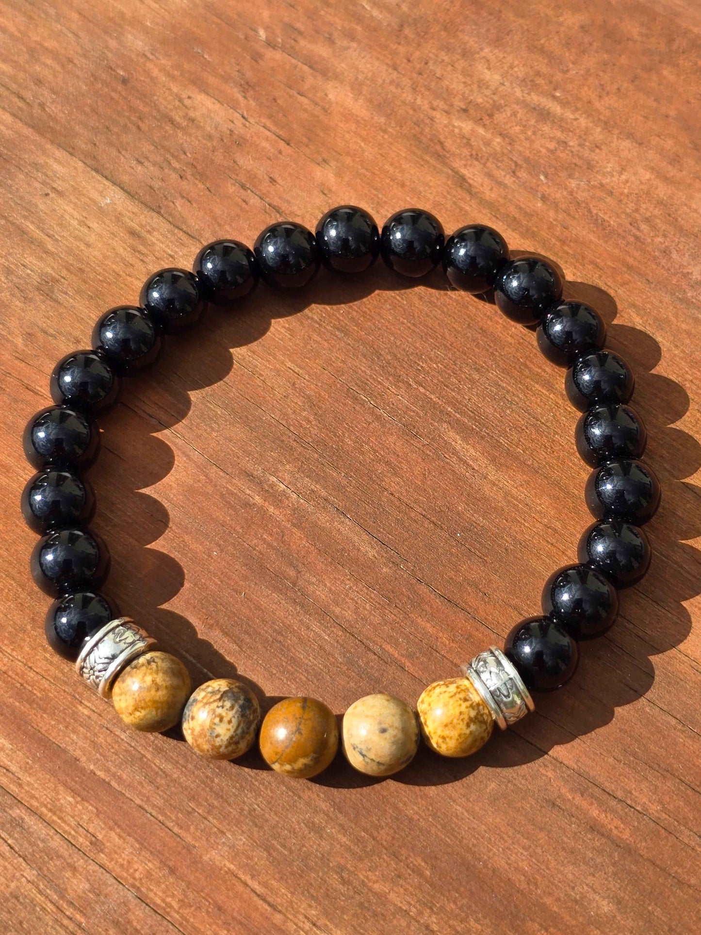 Men's Boho elastic beaded bracelet - Black and natural wood effect colours