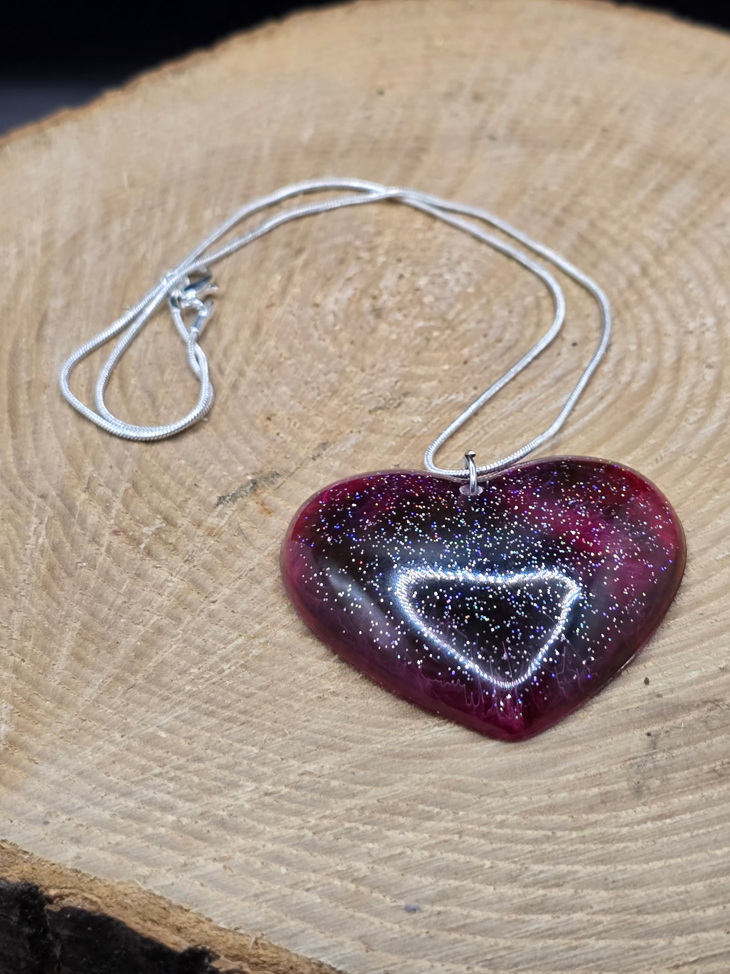 Cosmic Heart Shaped Resin Necklace - Stary effect heart pendant with 45cm snake chain