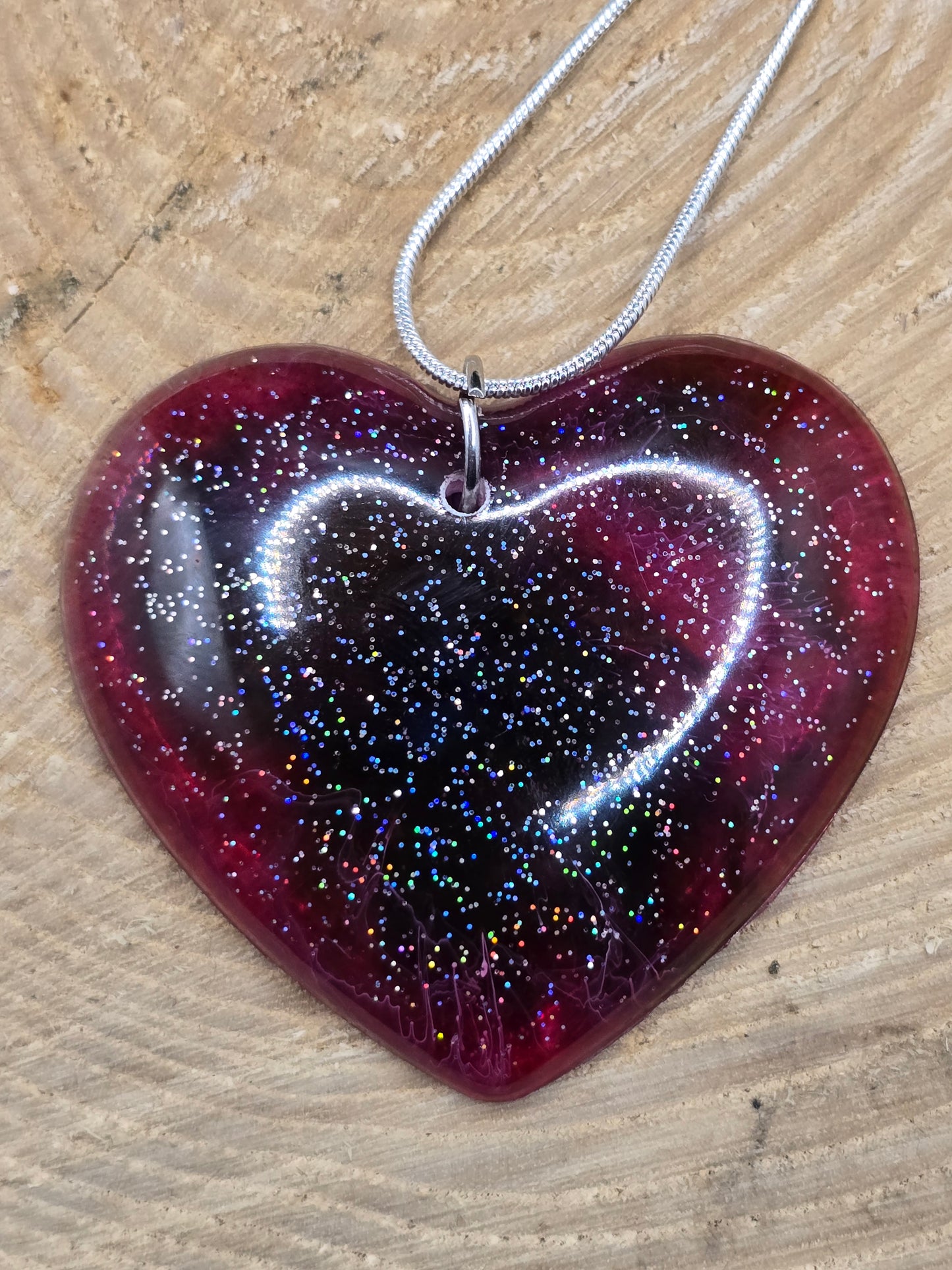 Cosmic Heart Shaped Resin Necklace - Stary effect heart pendant with 45cm snake chain