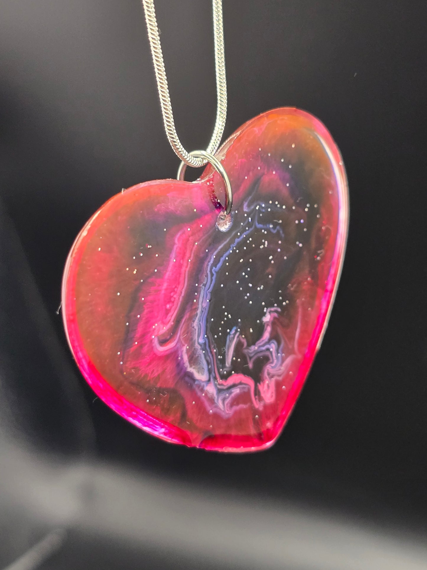 Cosmic Heart Shaped Resin Necklace - Stary effect heart pendant with 45cm snake chain