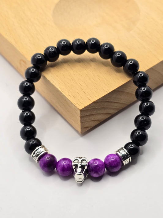 Men's purple beaded skull bracelet - Elastic fit 7" bracelet