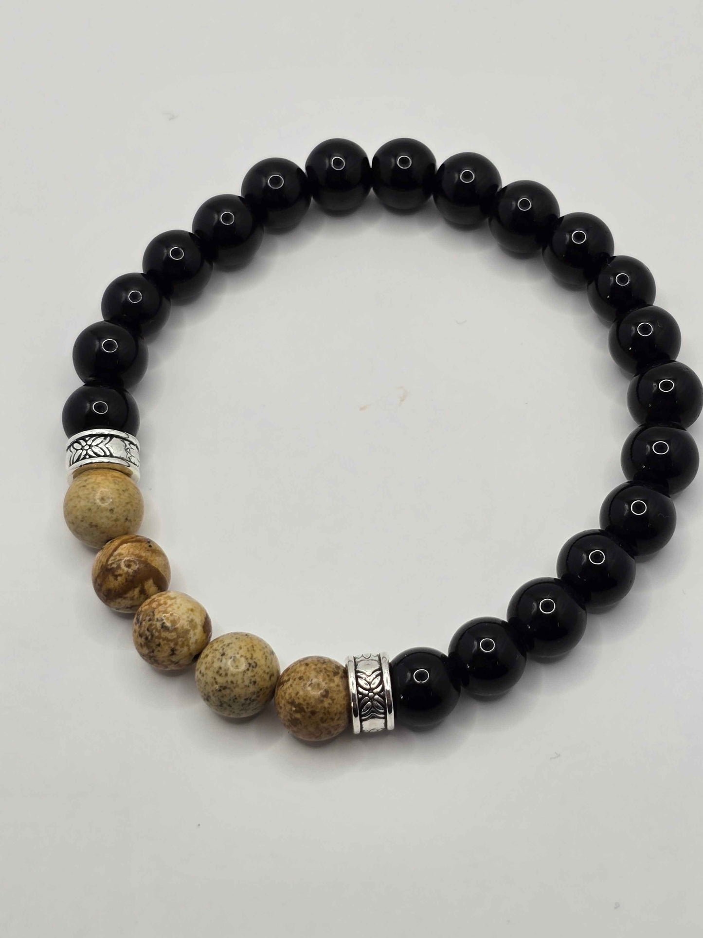 Men's Boho elastic beaded bracelet - Black and natural wood effect colours