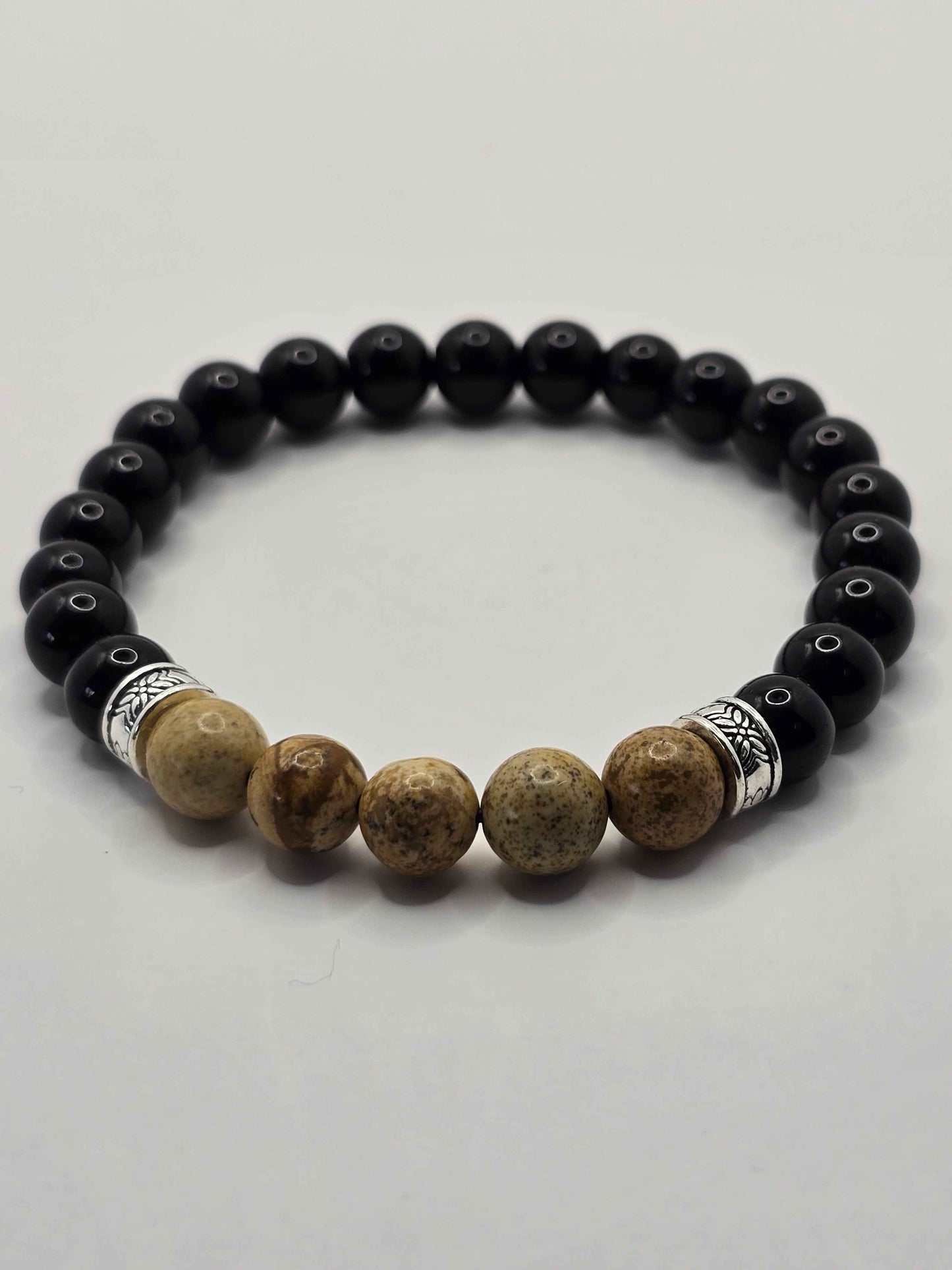 Men's Boho elastic beaded bracelet - Black and natural wood effect colours