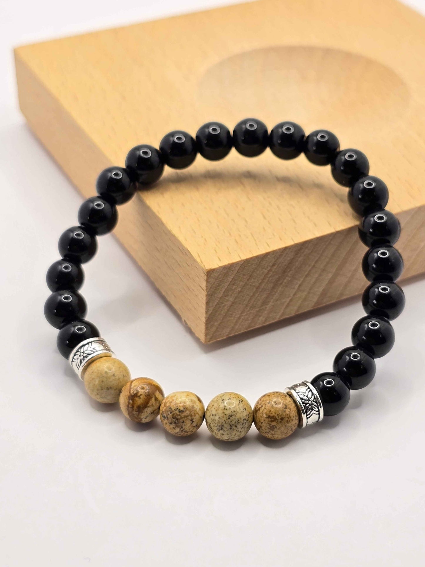 Men's Boho elastic beaded bracelet - Black and natural wood effect colours