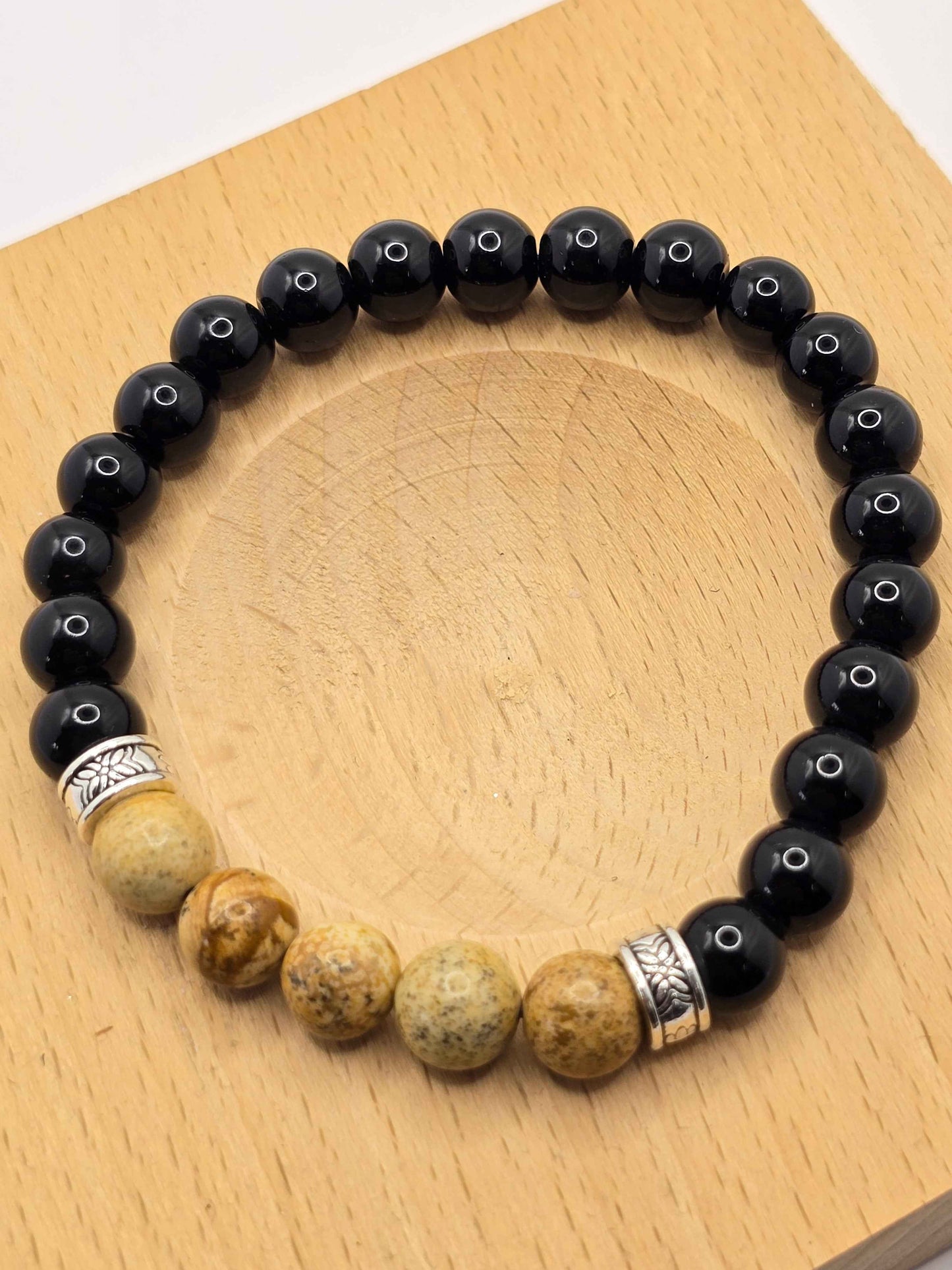 Men's Boho elastic beaded bracelet - Black and natural wood effect colours