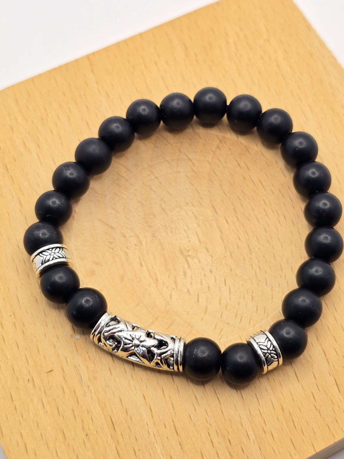 Men's Matt Black Bracelet - 6 Inch Beaded Elastic Design for Smaller Wrists
