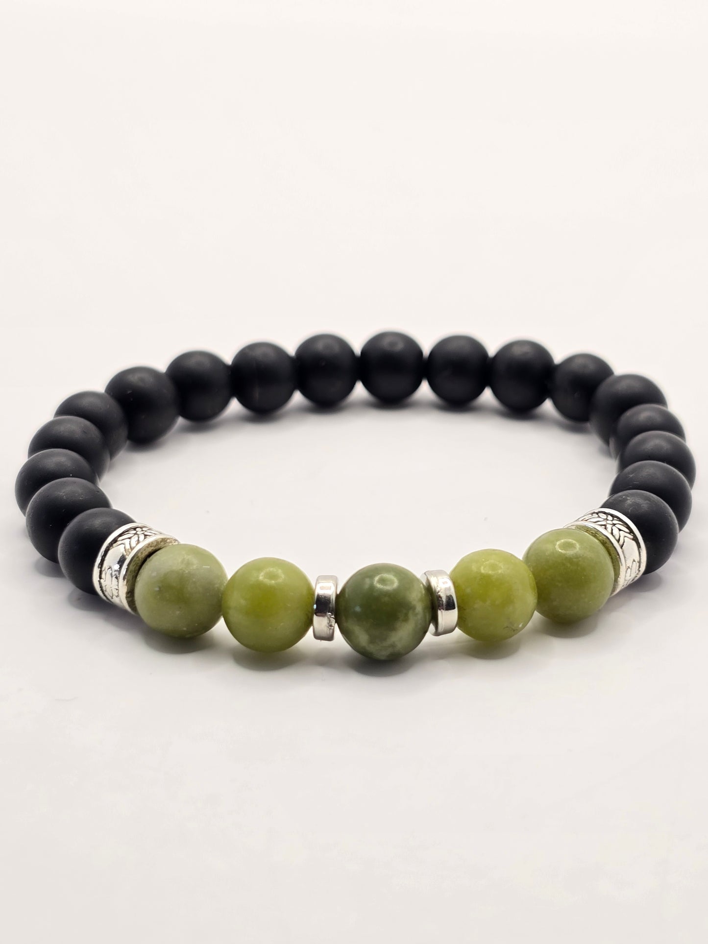 Men's Green and Black Beaded Bracelet - Elasticated band bracelet