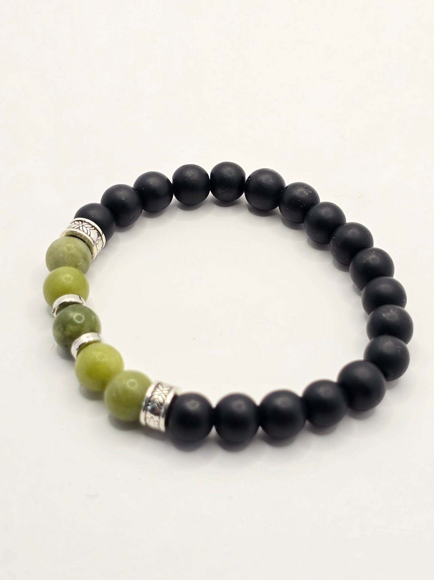Men's Green and Black Beaded Bracelet - Elasticated band bracelet