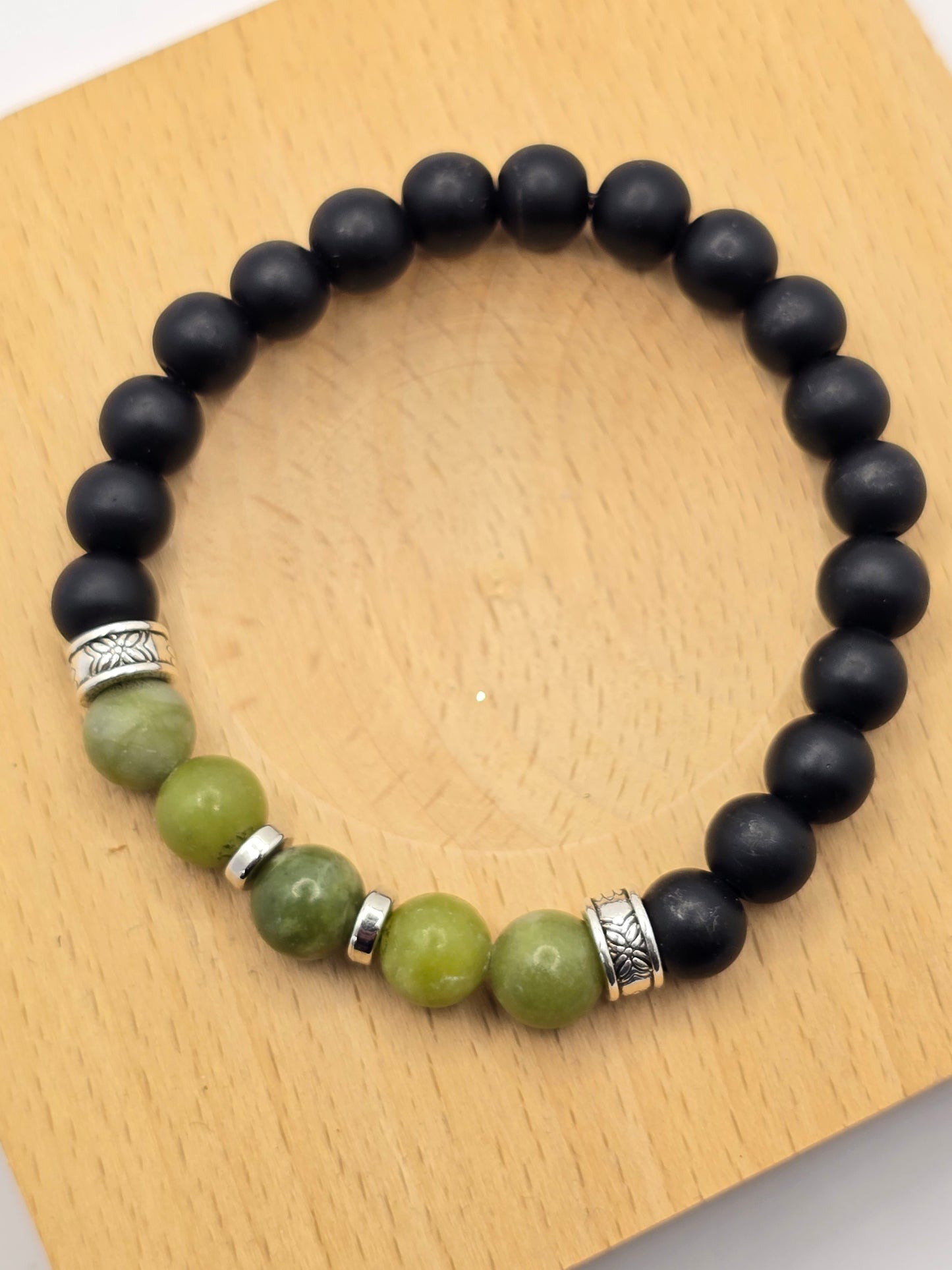 Men's Green and Black Beaded Bracelet - Elasticated band bracelet