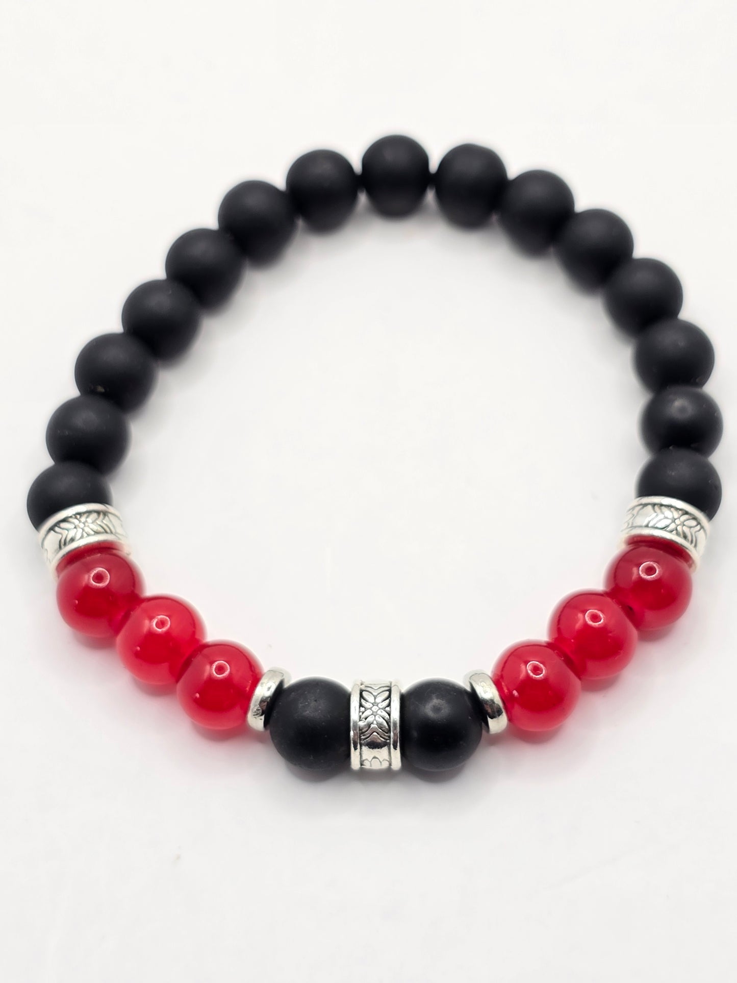 Men's glass beaded bracelet - Handmade black and red elasticated bracelet