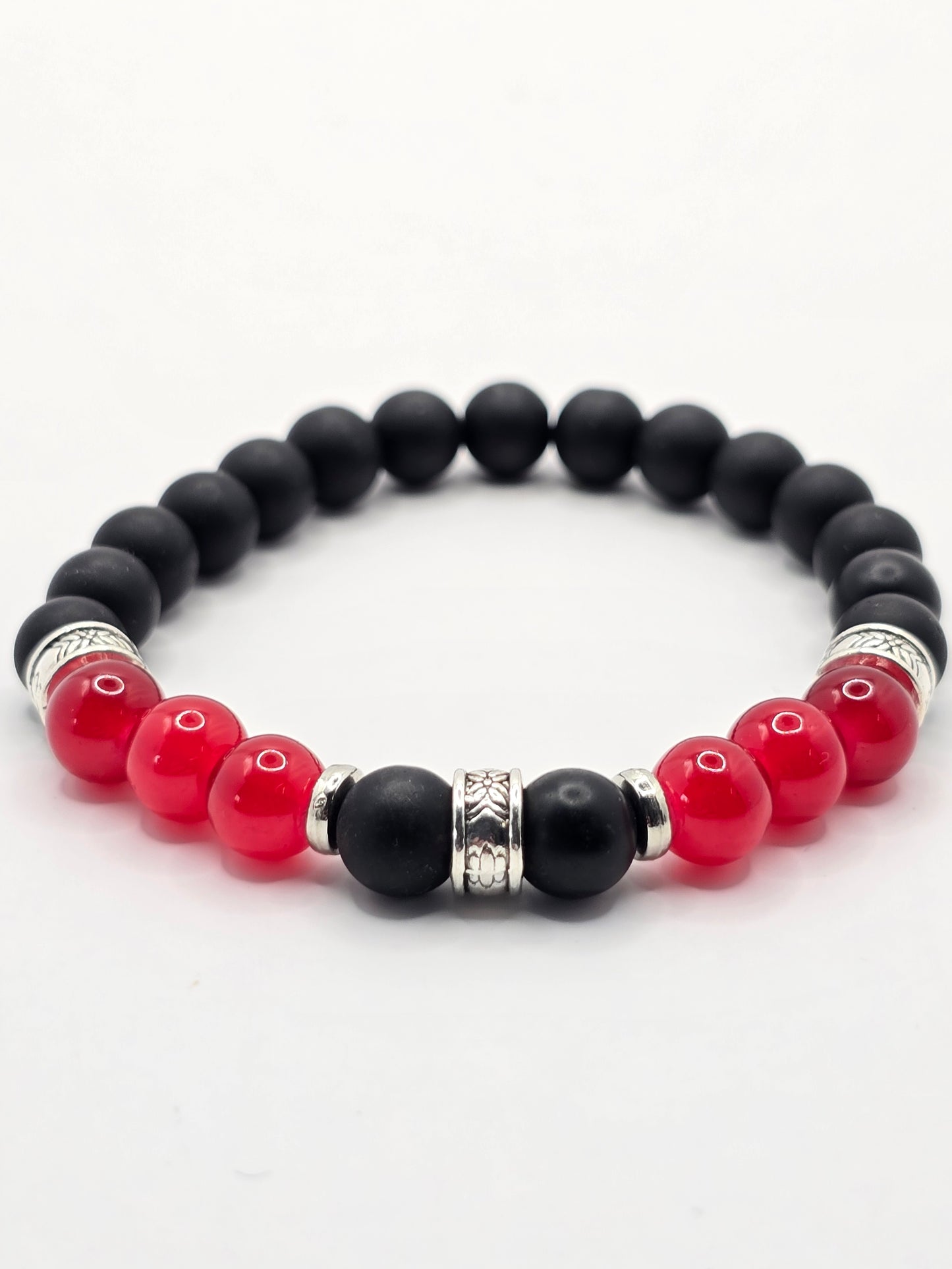Men's glass beaded bracelet - Handmade black and red elasticated bracelet