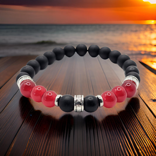 Men's glass beaded bracelet - Handmade black and red elasticated bracelet