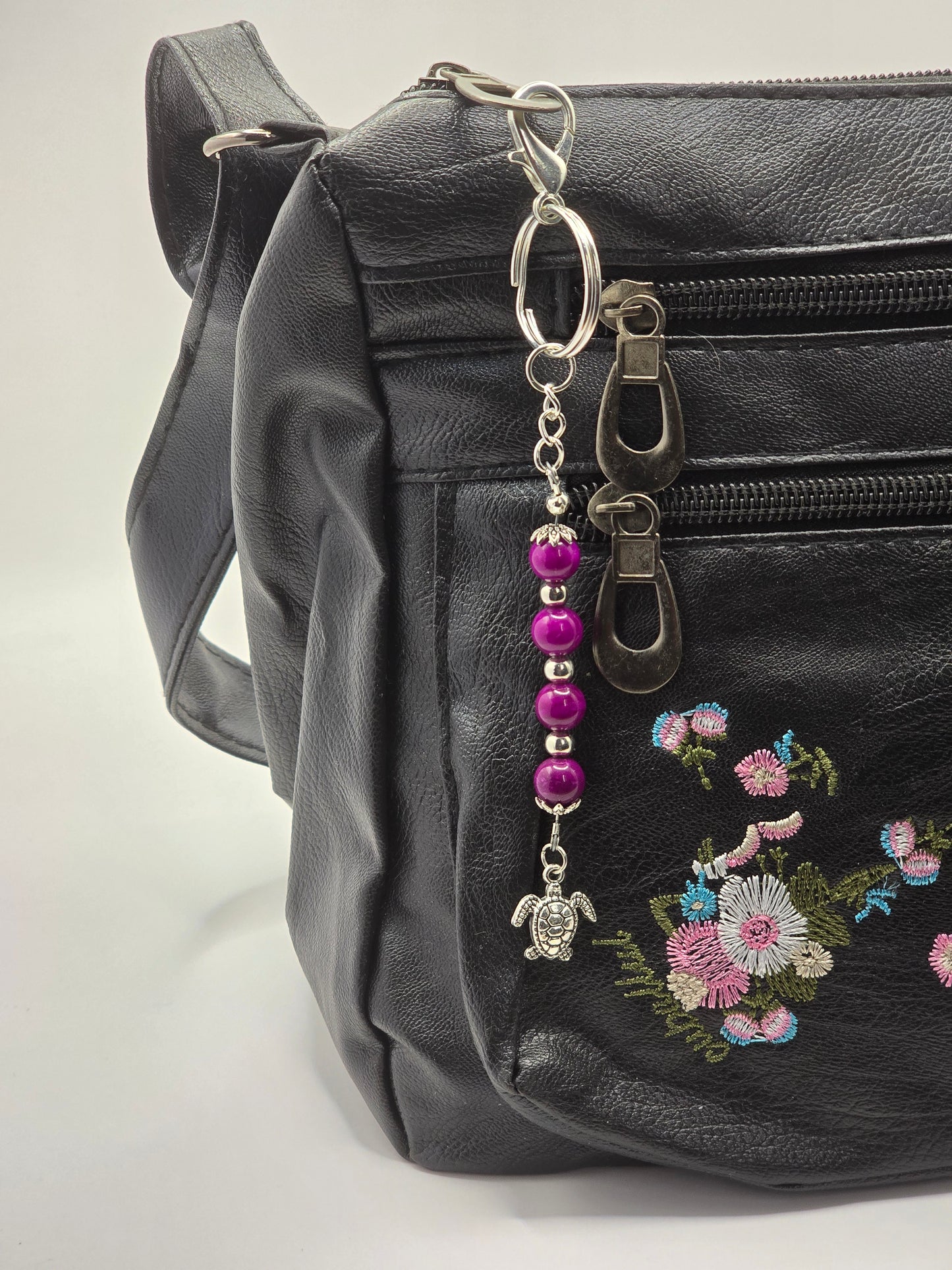 Purple Beaded Sea Turtle Bag Charm / Zipper Charm