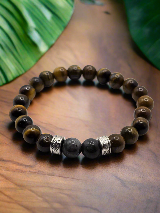 Men's Tigers Eye Bracelet - Brown Beaded Elastic Bracelet