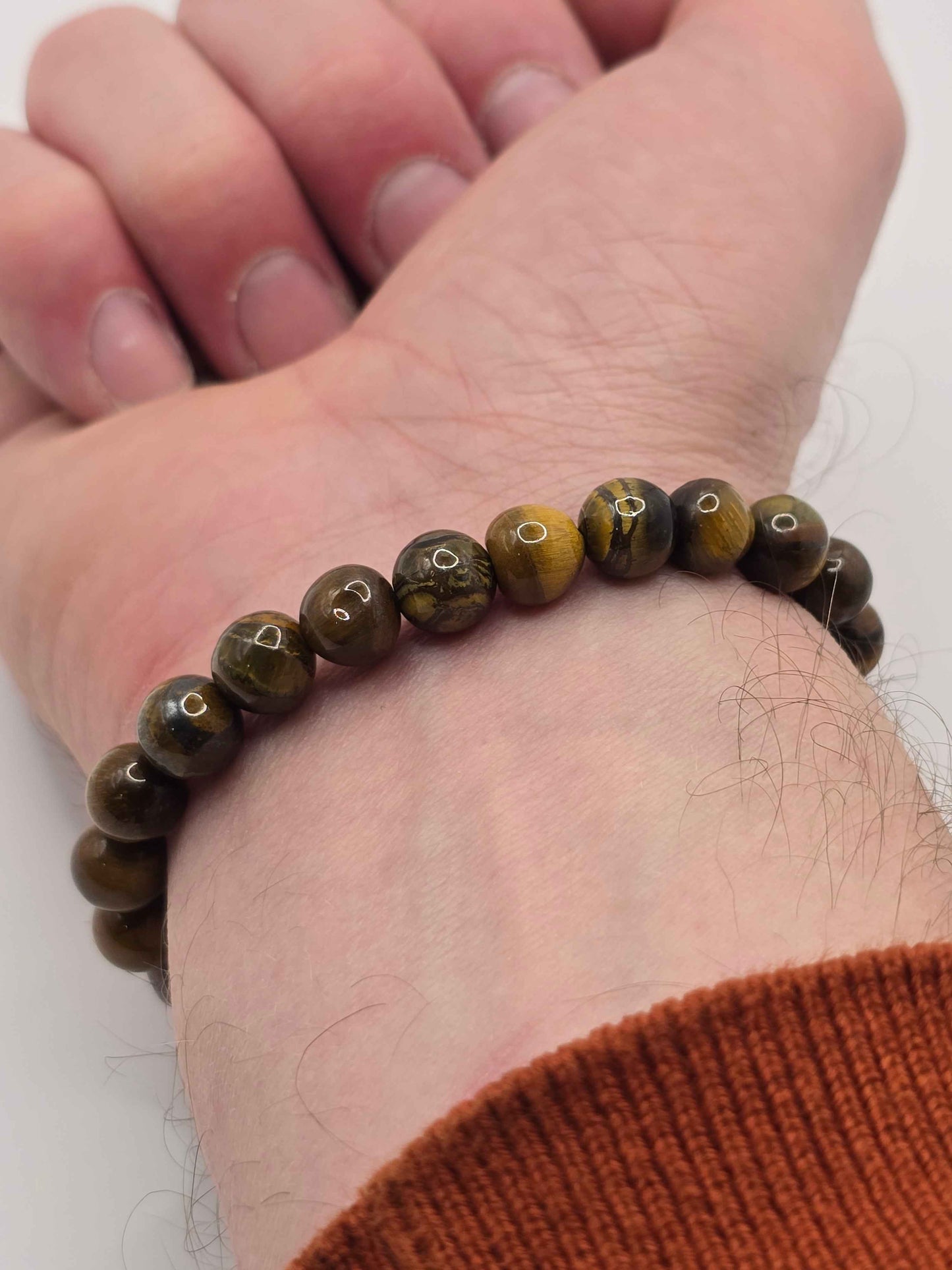 Men's Tigers Eye Bracelet - Brown Beaded Elastic Bracelet
