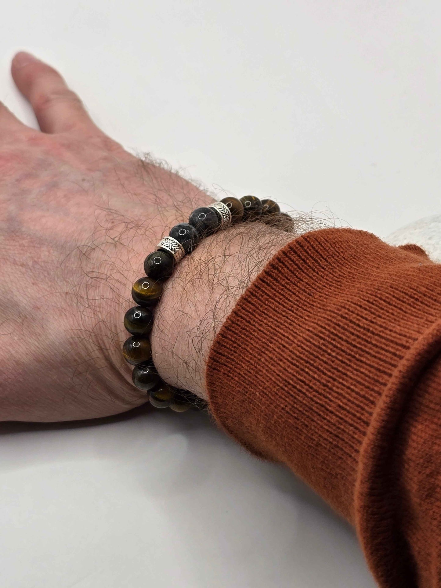 Men's Tigers Eye Bracelet - Brown Beaded Elastic Bracelet