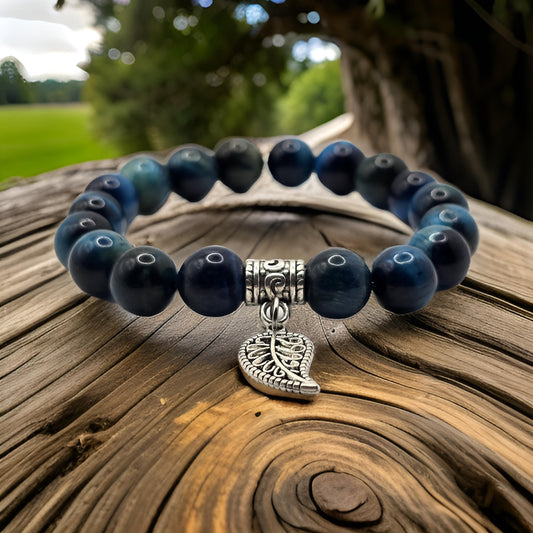 10mm blue beaded bracelet with silver leaf charm