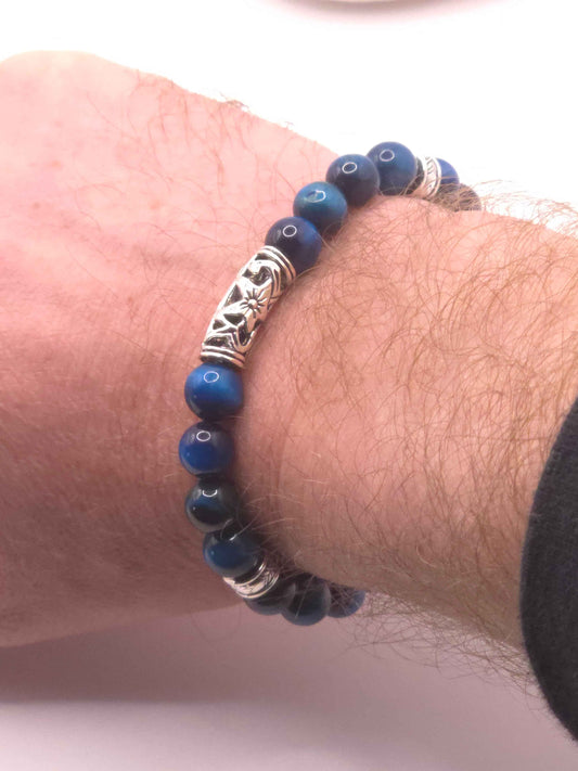 Men's blue glass beaded bracelet - Handmade elastic bracelet