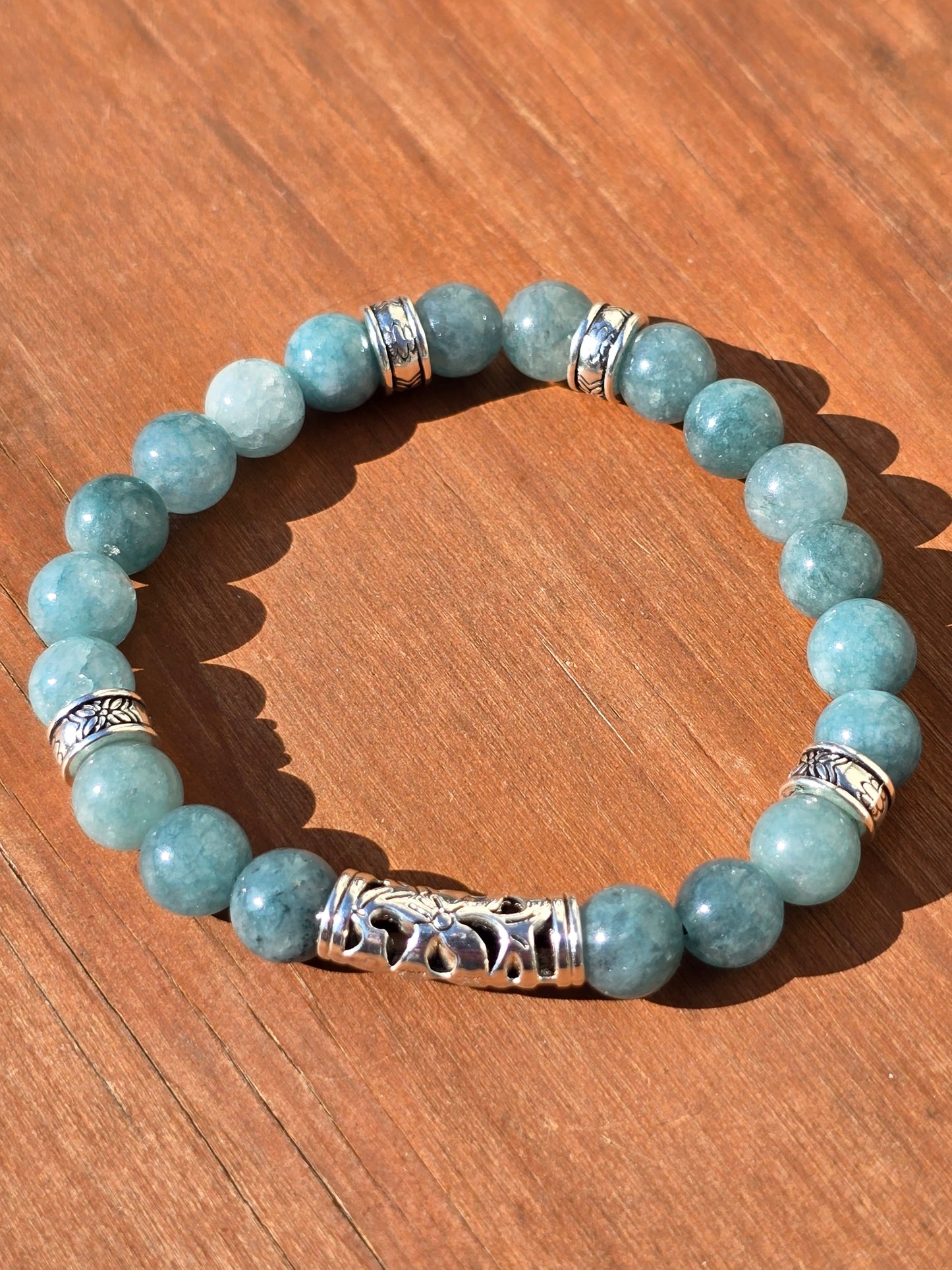 Women's Sky Blue / Green Bracelet - Handmade elastic 6.5 inch stretch bracelet