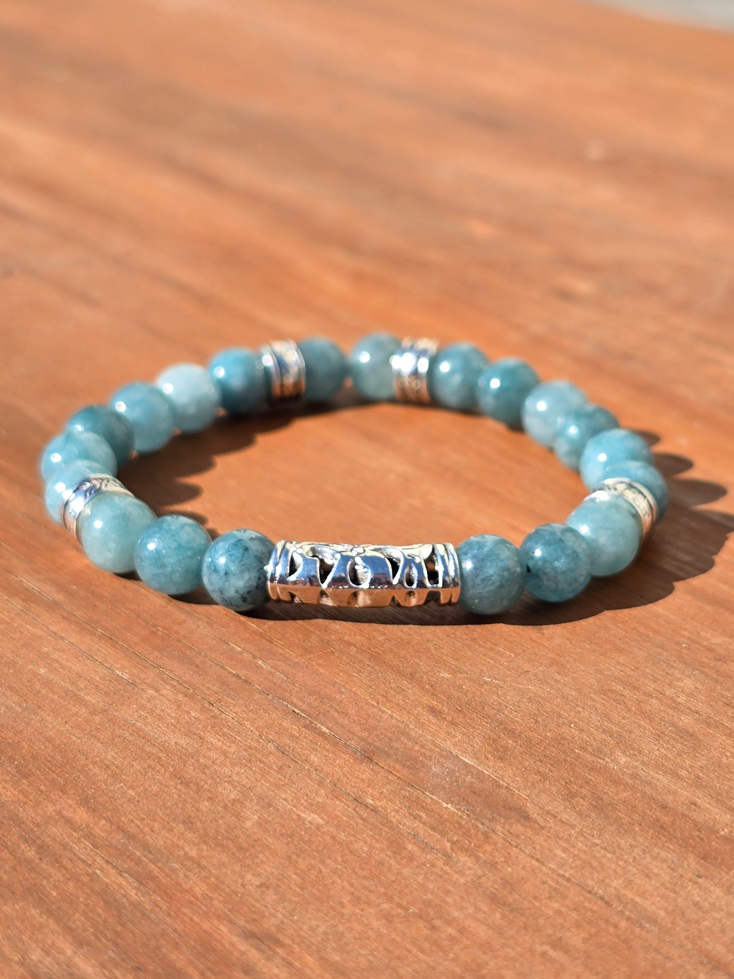 Women's Sky Blue / Green Bracelet - Handmade elastic 6.5 inch stretch bracelet