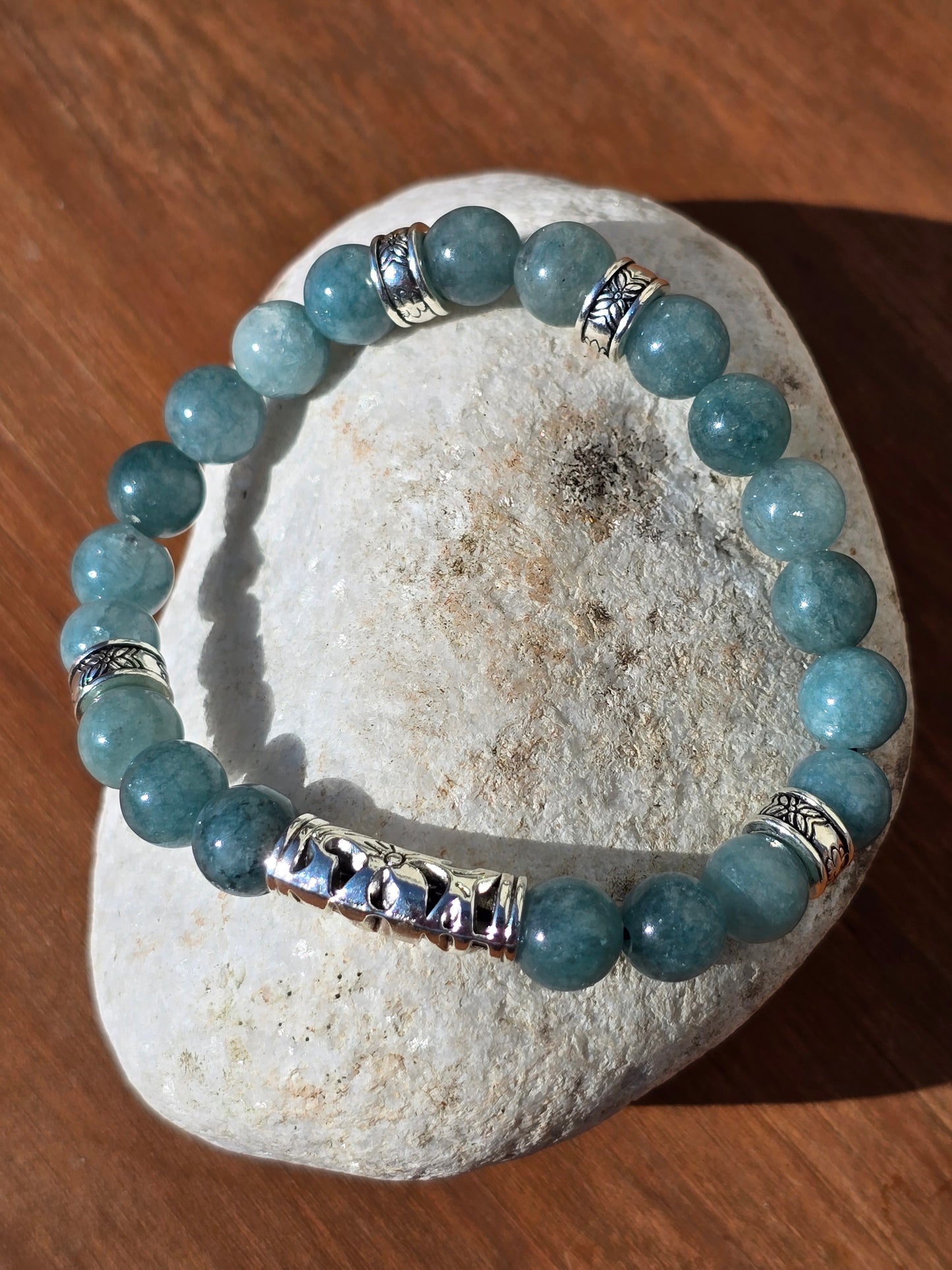 Women's Sky Blue / Green Bracelet - Handmade elastic 6.5 inch stretch bracelet