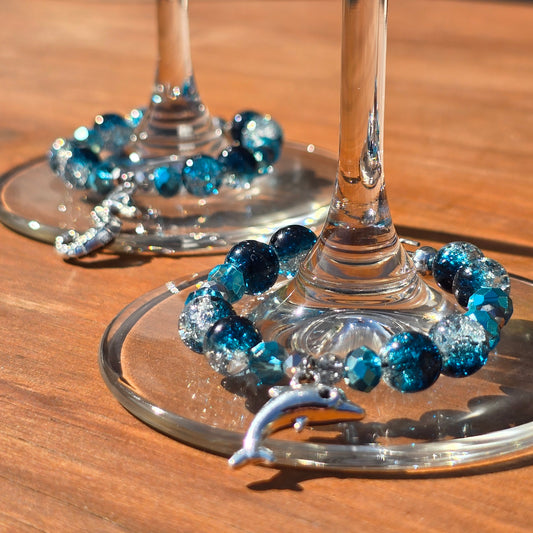 Ocean animal wine glass charms - blue glass beaded wine charms