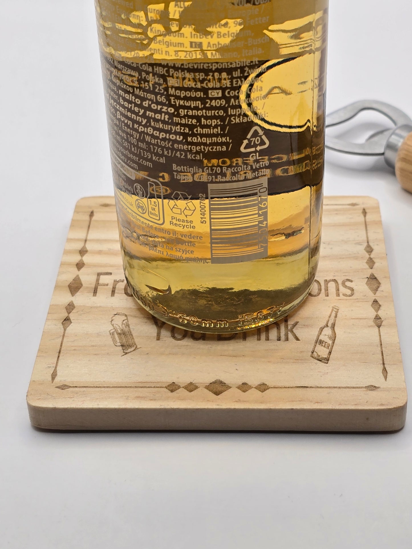 Personalised Bottle Opener and Wooden Coaster Set