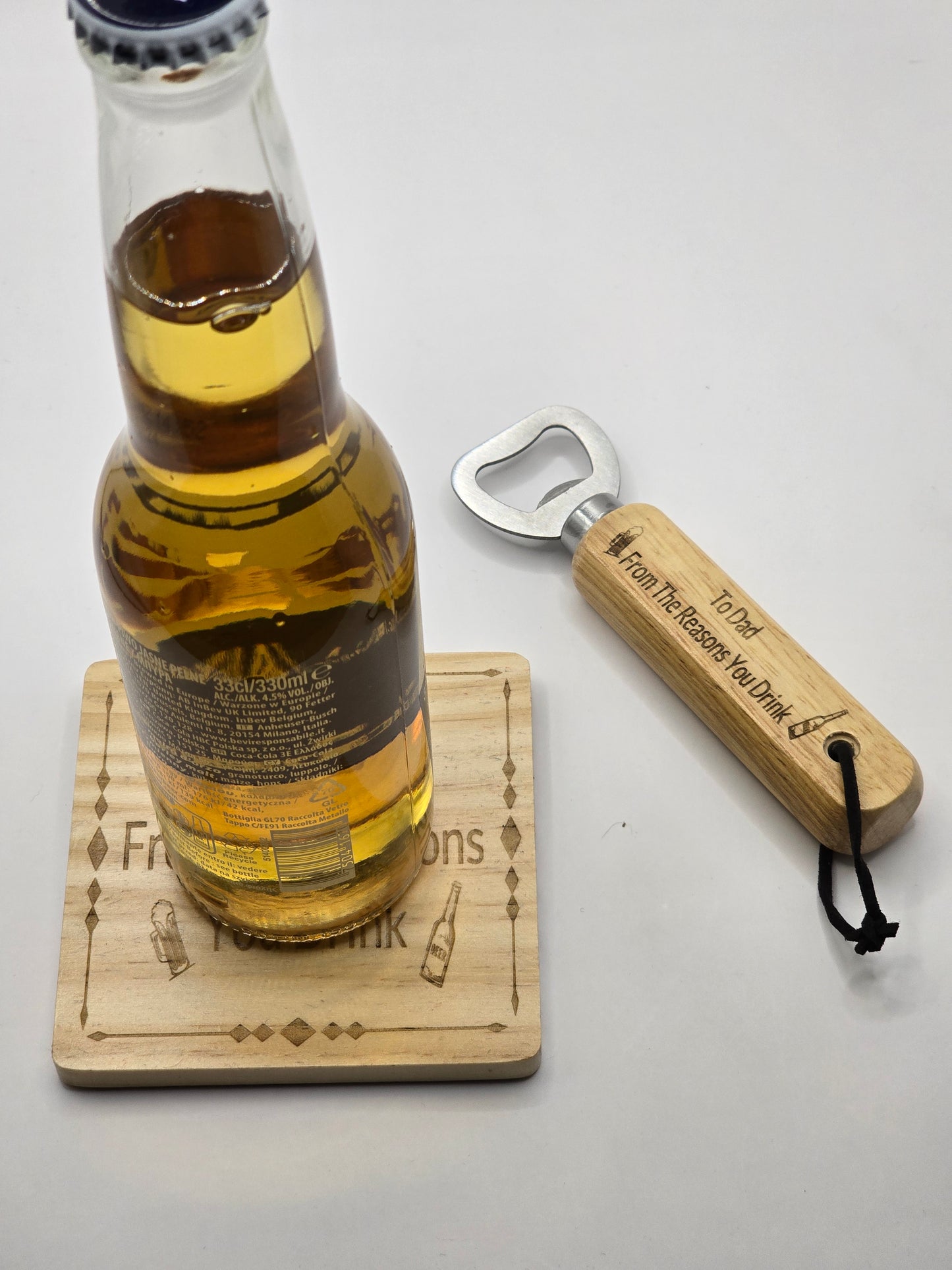 Personalised Bottle Opener and Wooden Coaster Set