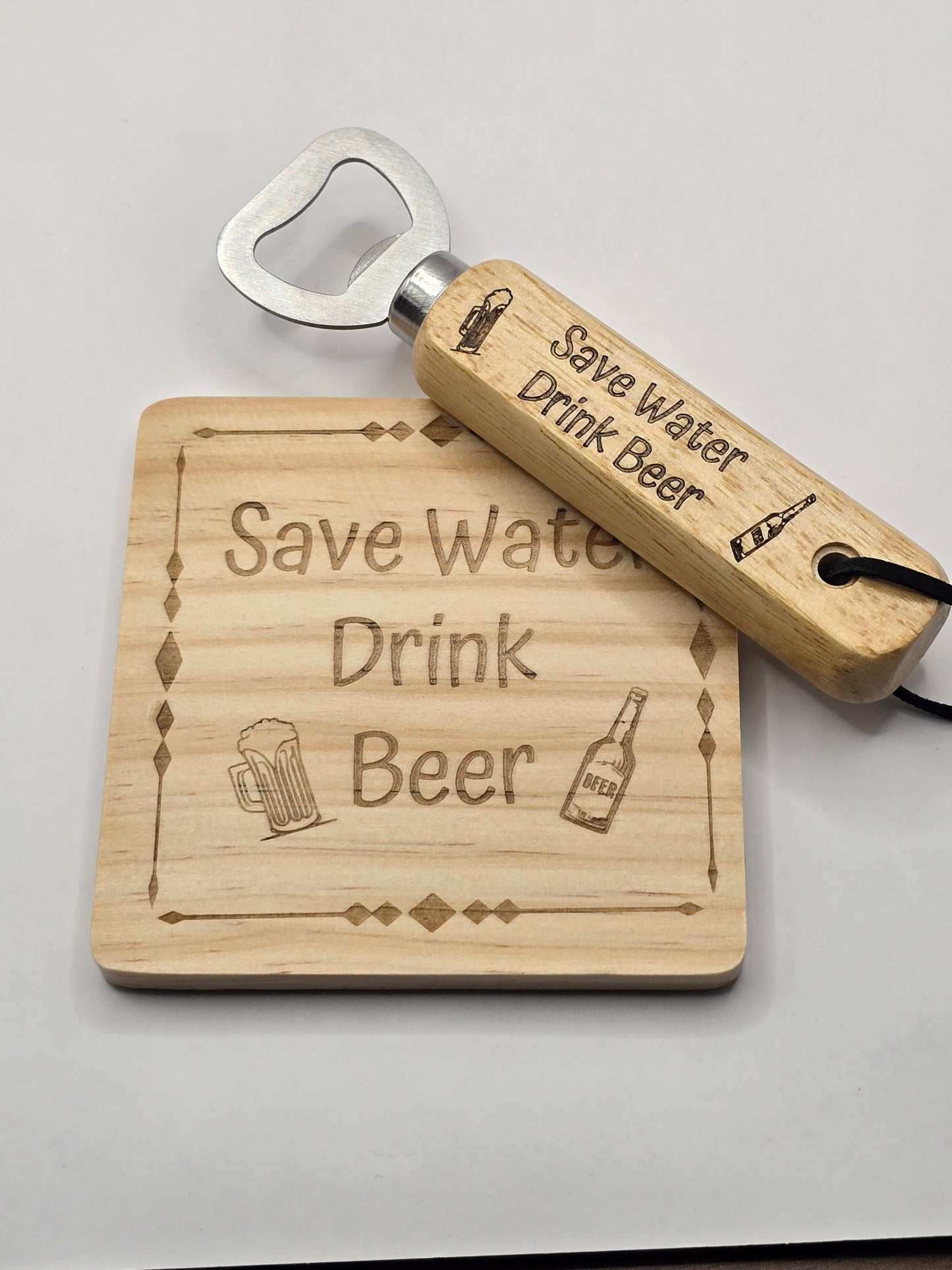 Personalised Bottle Opener and Wooden Coaster Set