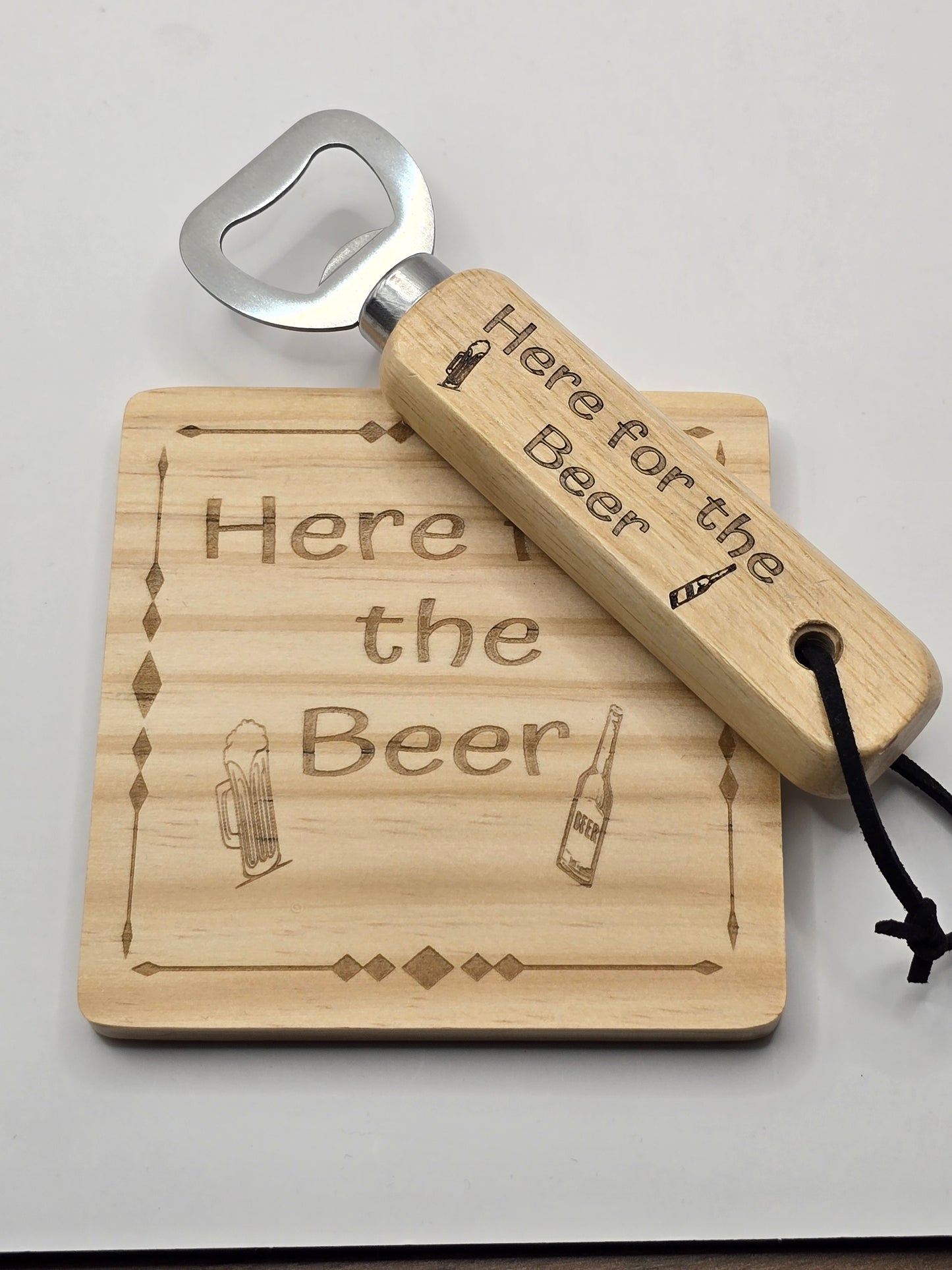 Personalised Bottle Opener and Wooden Coaster Set