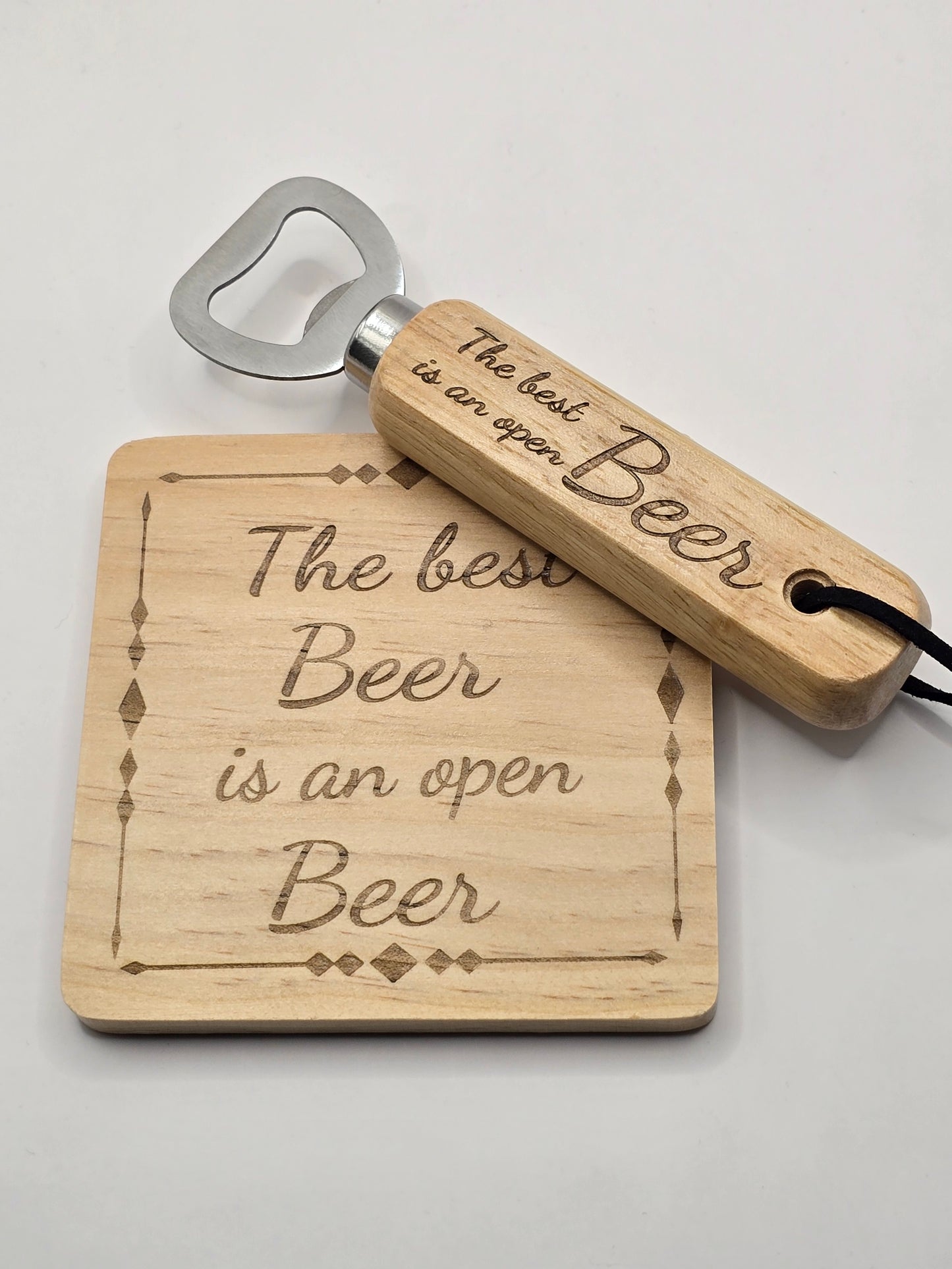 Personalised Bottle Opener and Wooden Coaster Set