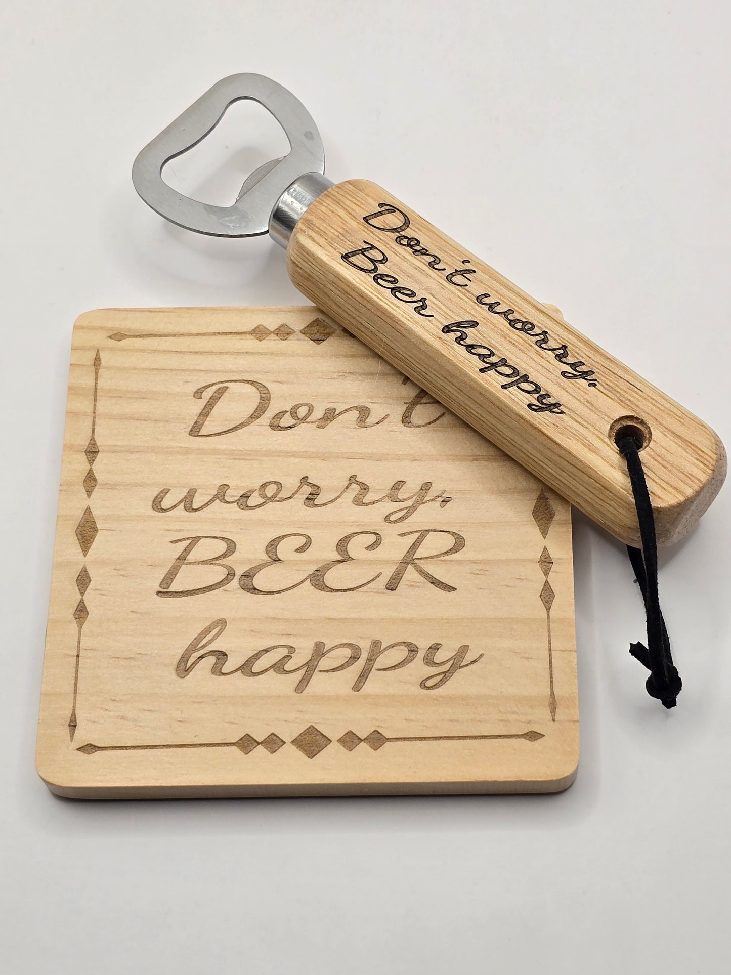 Personalised Bottle Opener and Wooden Coaster Set