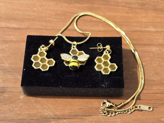Bee Necklace and Earring Set - Handmade Bumble Bee Necklace with Honeycomb Earrings