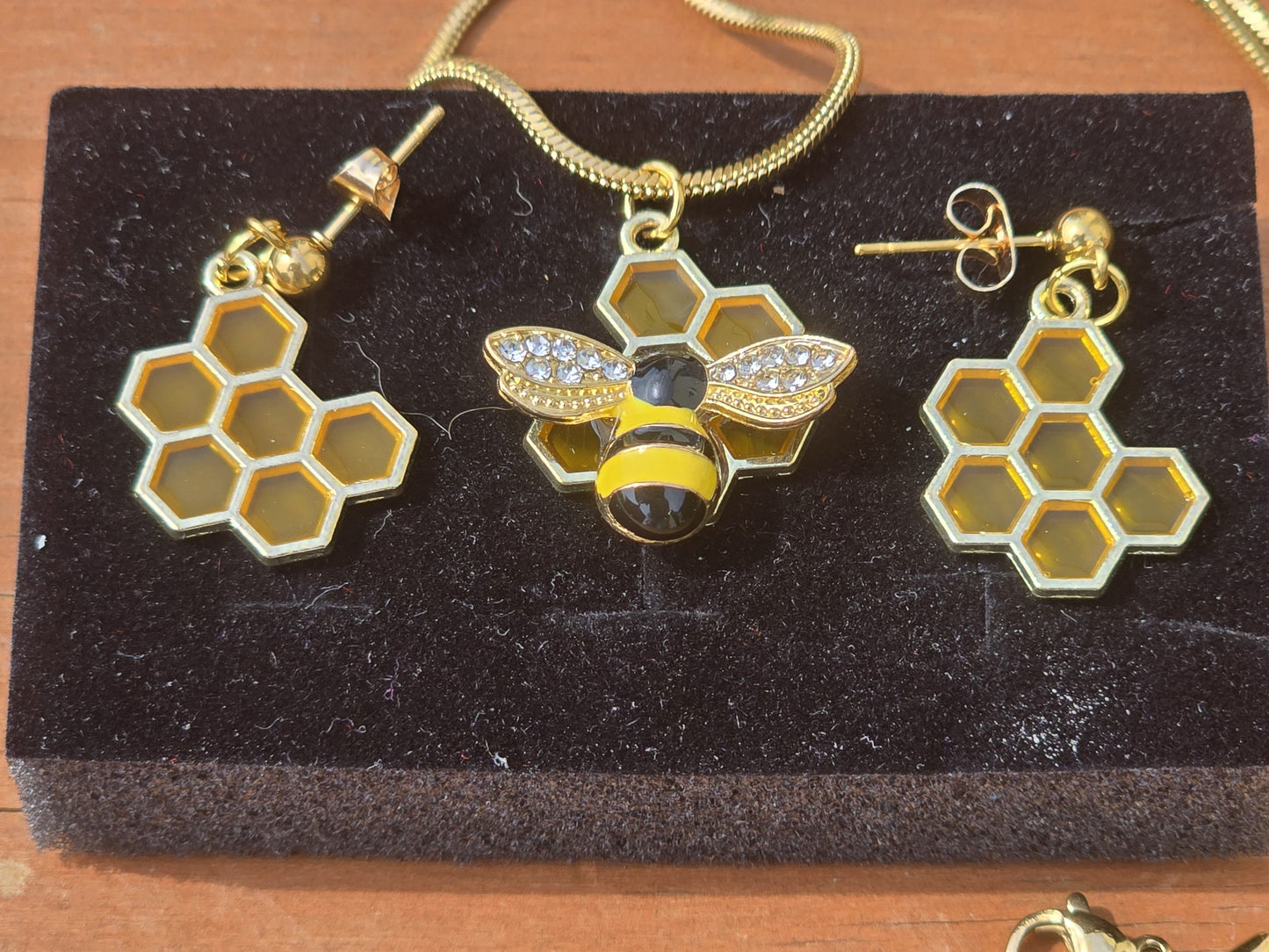 Bee Necklace and Earring Set - Handmade Bumble Bee Necklace with Honeycomb Earrings