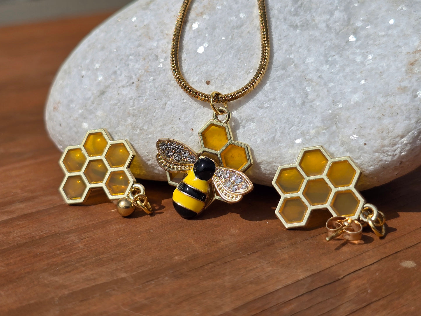 Bee Necklace and Earring Set - Handmade Bumble Bee Necklace with Honeycomb Earrings