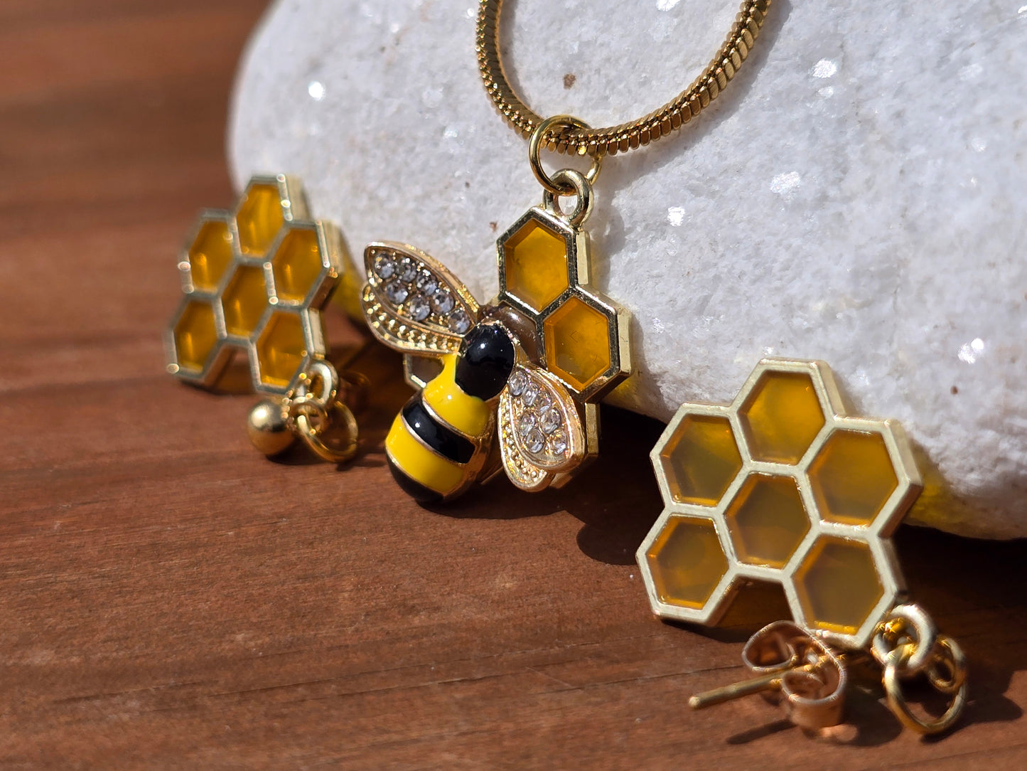 Bee Necklace and Earring Set - Handmade Bumble Bee Necklace with Honeycomb Earrings