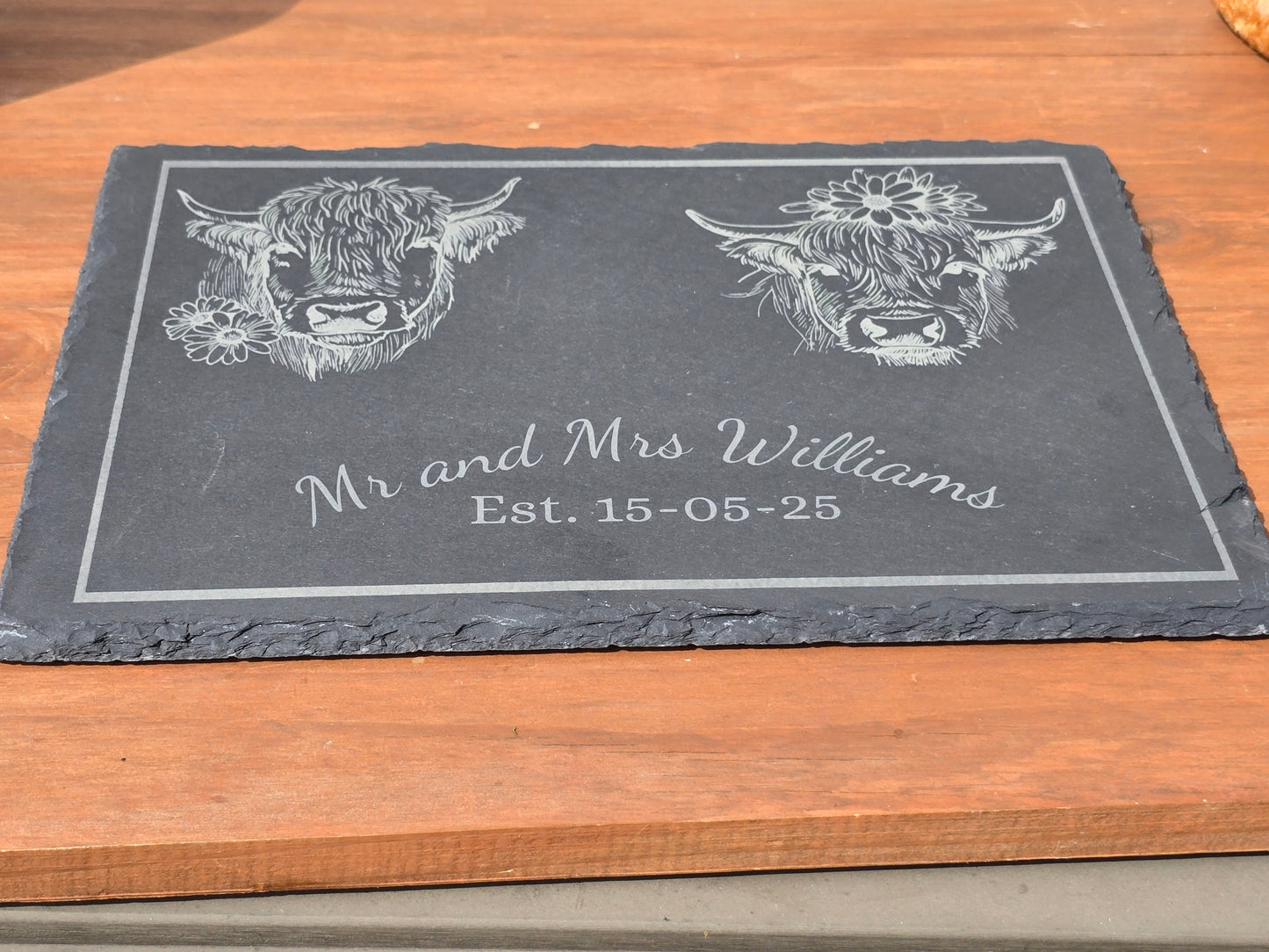 Personalised Highland Cow Cheese board - Mr and Mrs serving slate / Charcuterie board