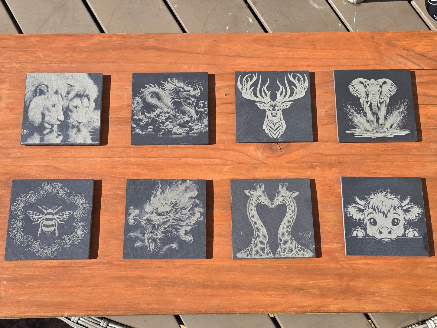 Various Animal design slate coasters - Stag, Dragon, Bee, Cow, Lion, Giraffe, Elephant