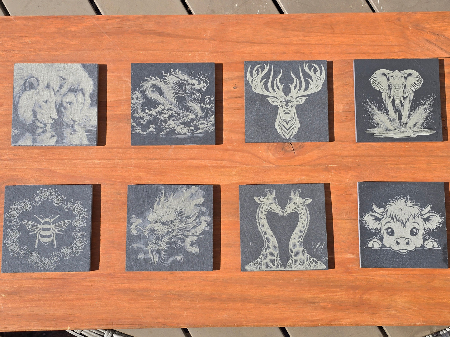 Various Animal design slate coasters - Stag, Dragon, Bee, Cow, Lion, Giraffe, Elephant