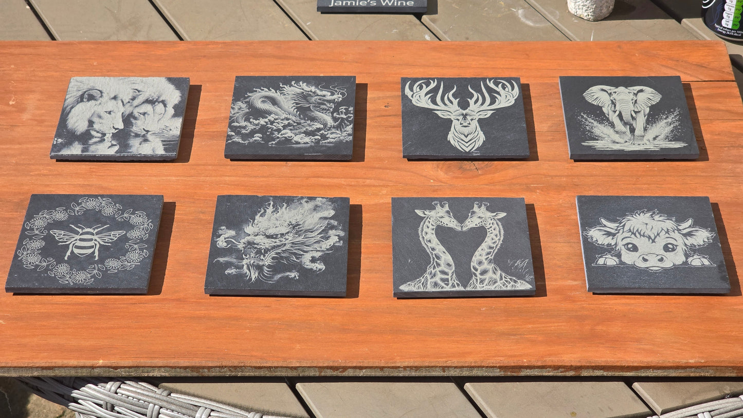 Various Animal design slate coasters - Stag, Dragon, Bee, Cow, Lion, Giraffe, Elephant