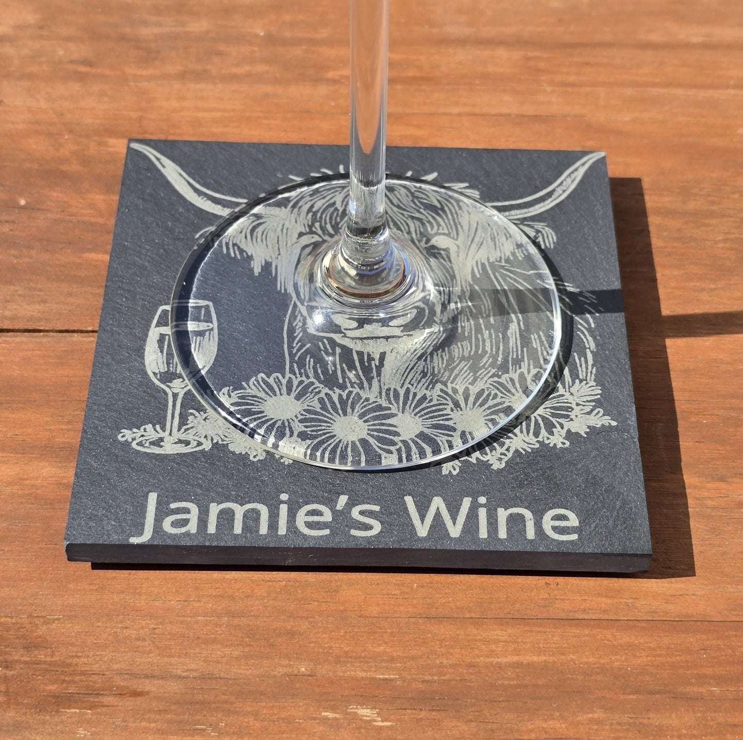 Personalised Highland Cow Slate Coaster - "Your Name's Wine" Text