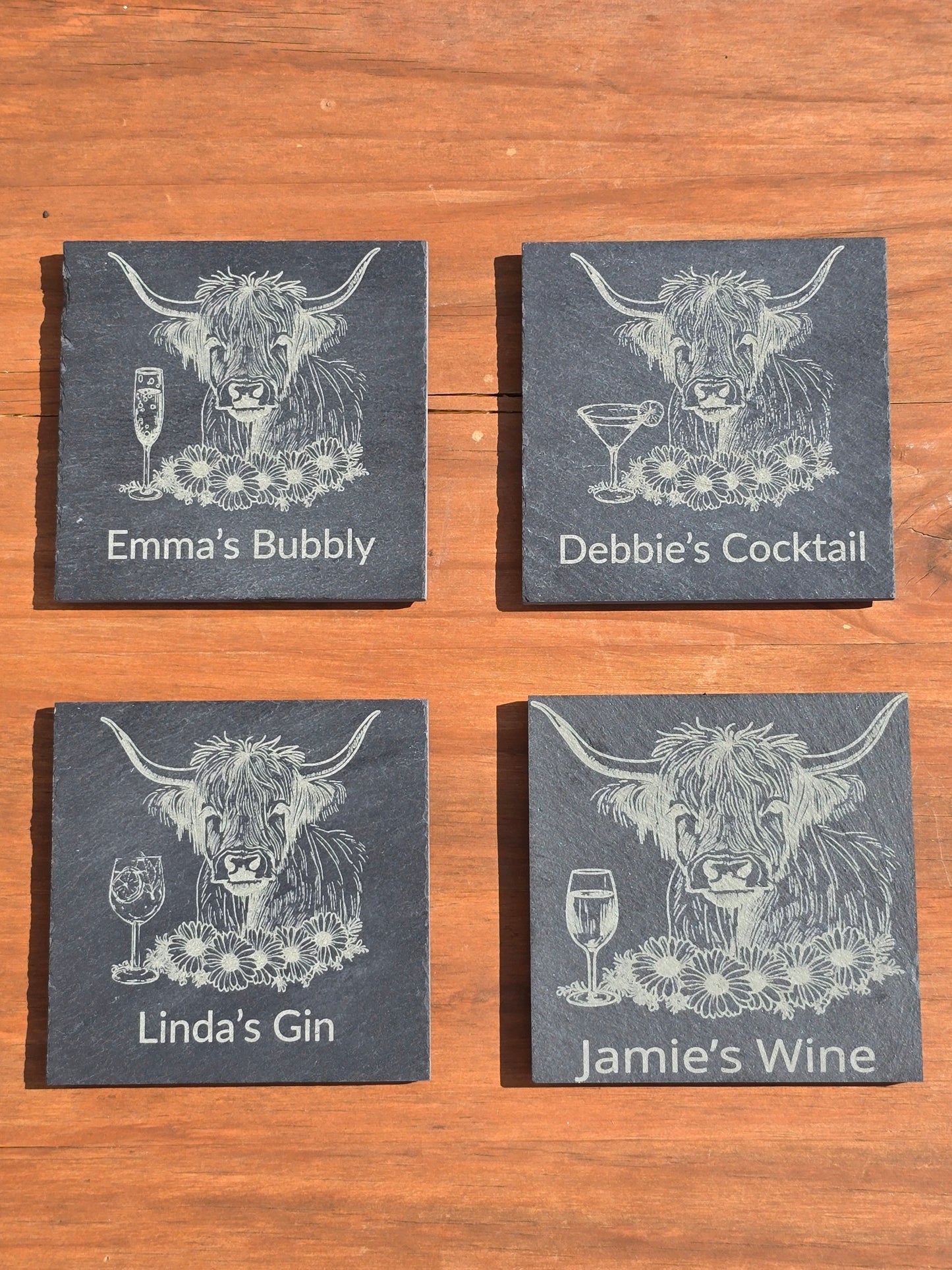 Personalised Highland Cow Slate Coaster - "Your Name's Cocktail" Text