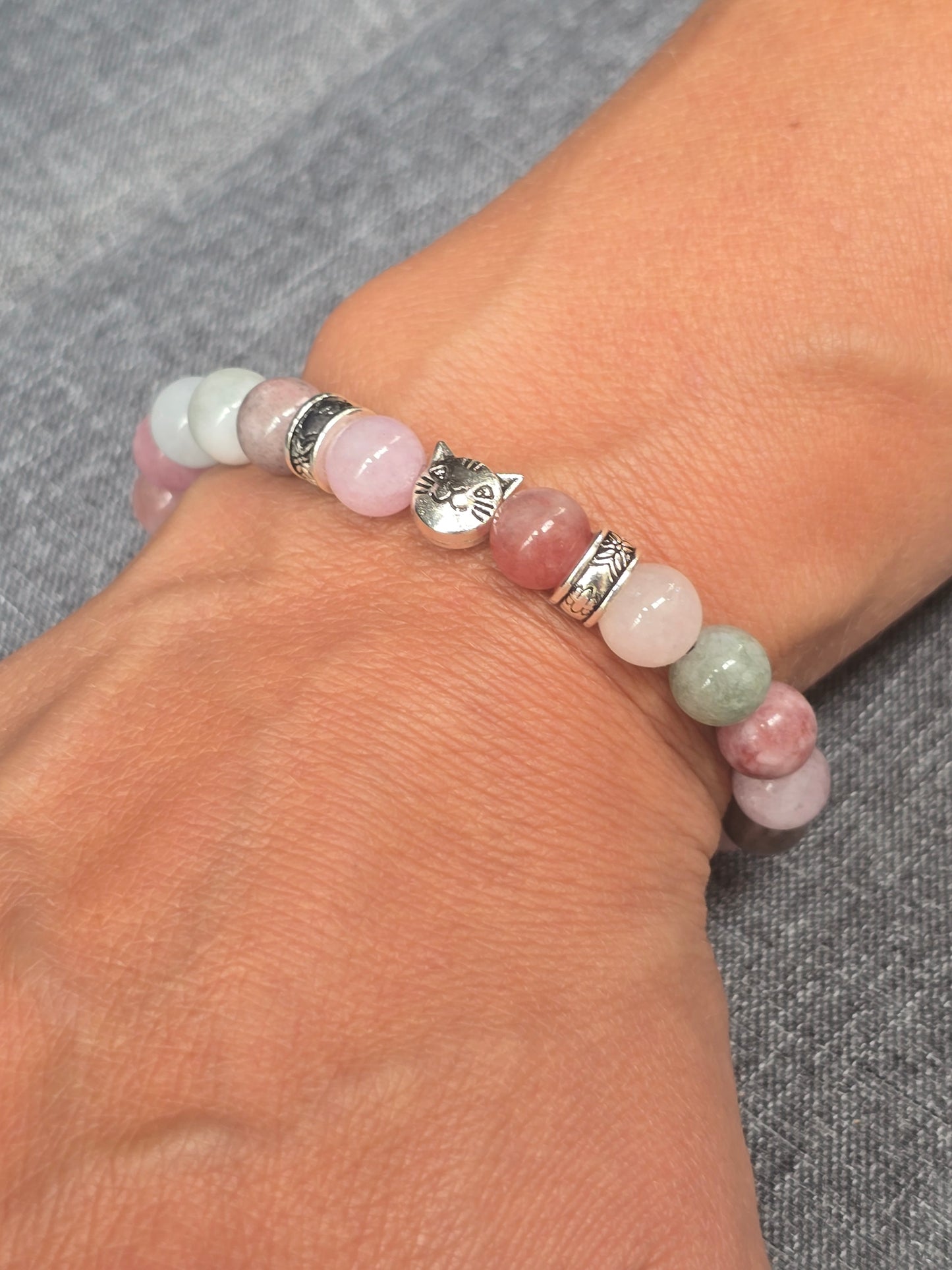 Cat theme elasticated beaded bracelet - 6.25 inch bracelet for kids and adults